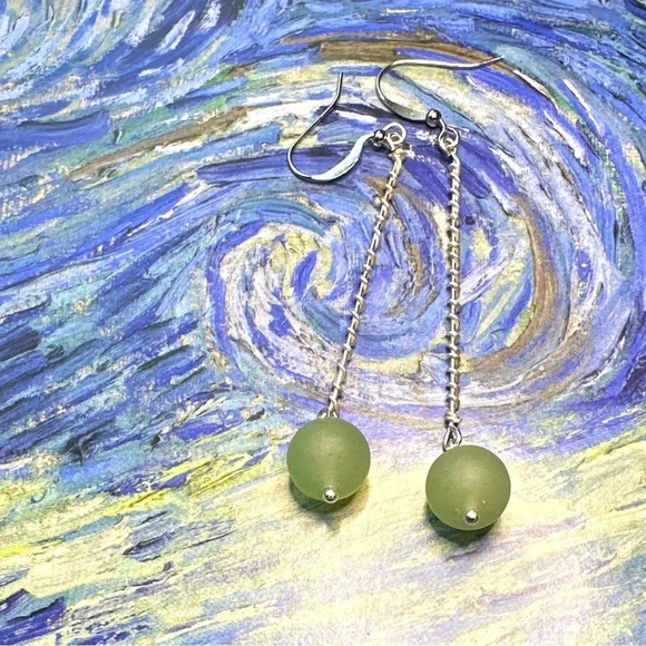 Aventurine balanced dangle drop spheres very long statement earrings silver - Picture 1 of 5